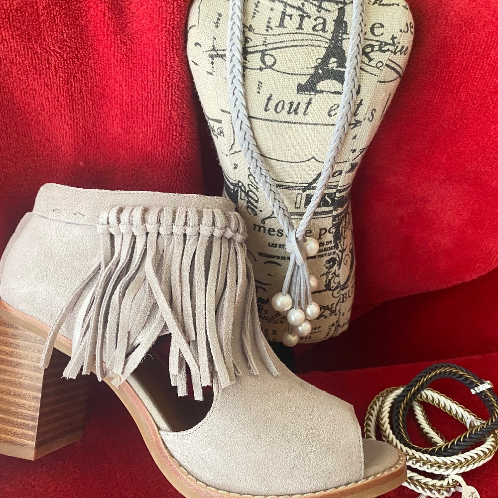 Sbicca Vintage Collection - Hickory Beige Suede Leather Fringe Ankle Booties